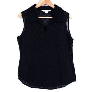 Express Blouse Top Womens Medium Black Rayon Sheer Embroidered Leaves Collar Vtg